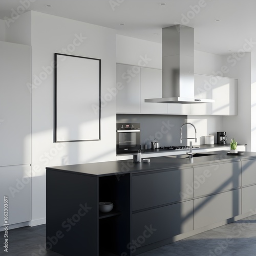 HighContrast Sunlight Drapes a Modern Kitchen with a Dark Island and Mockup Frame.