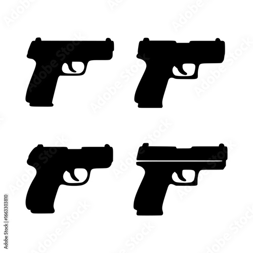Set of four black pistol silhouettes, showcasing various modern handgun icon shapes isolated on a white background.