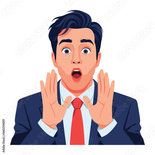 Startled Businessman in Suit: An illustration of a man in a formal business suit, his eyes wide with surprise, his hands raised in a gesture of shock.