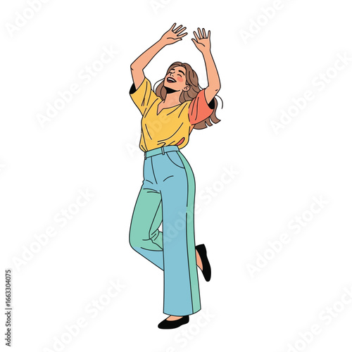 Joyful Celebration: An illustration of a woman embodies the essence of sheer delight, dancing and celebrating against a backdrop of artistic creativity.