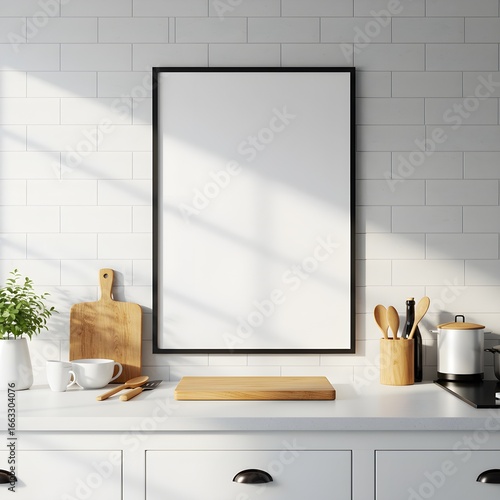 Modern Kitchen Mockup Blank Picture Frame Sunlight Minimalist Design White Aesthetic.