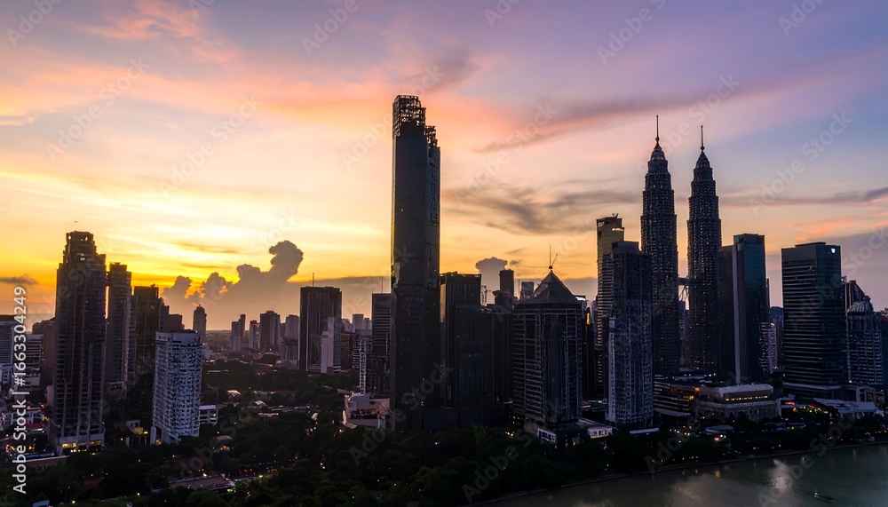 Obraz premium City skyline at sunset with tall buildings.