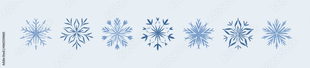 Set of snow flake vector icons. Frozen winter ice crystal. Snowflake hand drawn crayon border. Childish pastel drawing. Pencil handwriting scribbles. Merry Christmas and Happy New Year Set of snow flake vector icons. Frozen winter ice crystal. Snowflake hand drawn crayon border. Childish pastel drawing. Pencil handwriting scribbles. Merry Christmas and Happy New Year