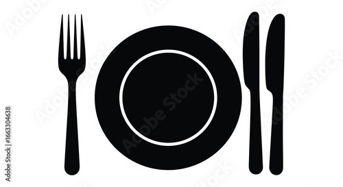 Simple black silhouette of a plate with fork and knife