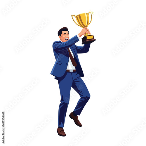 Victory Embrace: A triumphant individual raises a golden trophy high in celebration, embodying the spirit of achievement and success.