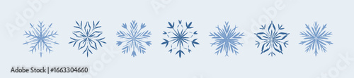 Set of snow flake vector icons. Frozen winter ice crystal. Snowflake hand drawn crayon border. Childish pastel drawing. Pencil handwriting scribbles. Merry Christmas and Happy New Year