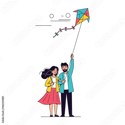 Kite Flying Couple: A heartwarming depiction of a couple joyfully sharing the moment by flying a vibrant kite on a bright, sunny day. Embracing each other.