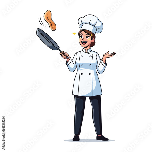 Pancake Chef in Action: A skilled chef confidently flips a pancake in a professional kitchen, smiling and focused on culinary artistry and delicious baking.