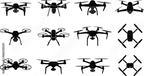 Collection of black drone silhouettes, quadcopter front view illustration set, UAV shadow icons for technology, surveillance, and aviation design