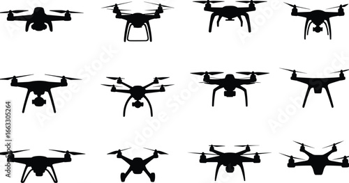 Collection of black drone silhouettes, quadcopter front view illustration set, UAV shadow icons for technology, surveillance, and aviation design