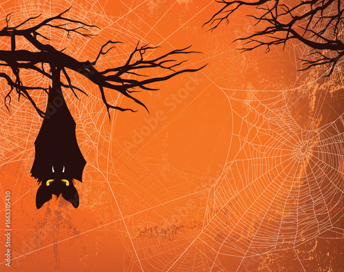 vampire bat hanging on bare tree branches and spider web against orange background - halloween theme vector copy space backdrop design