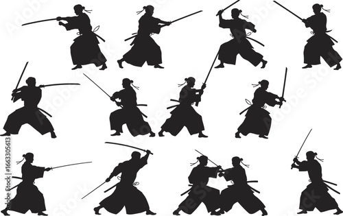 Samurai sword fighting silhouettes, traditional Japanese martial arts, katana combat stances, warrior training poses, black and white illustration vector