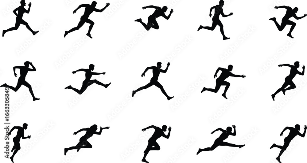 Silhouettes of athletic runners in motion, dynamic sprinting poses, vector illustration for fitness, sports design, and movement concepts Silhouettes of athletic runners in motion, dynamic sprinting poses, vector illustration for fitness, sports design, and movement concepts
