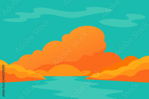 Fiery orange clouds above a serene turquoise lagoon vector illustration