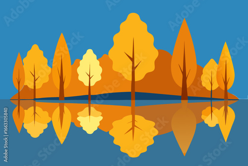 Golden autumn trees reflected in sapphire lake scenic vector illustration
