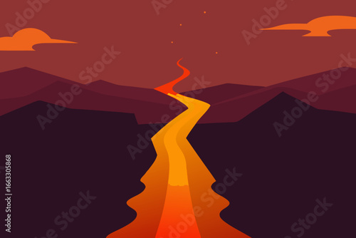Scalable vector illustration of a fiery lava river flowing from a smoking volcanic crater