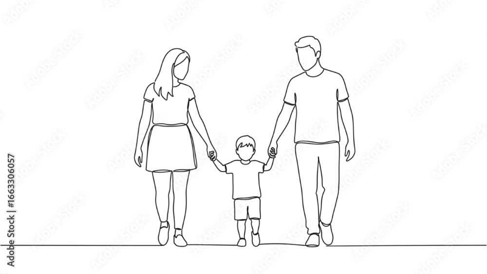 Happy Family Line Art | Continuous One-Line Vector of Parents with Child Walking Happy Family Line Art | Continuous One-Line Vector of Parents with Child Walking