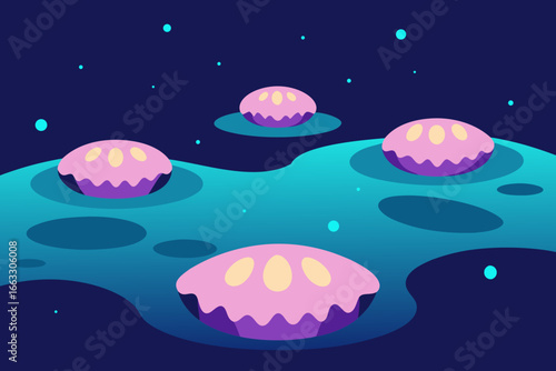 Enchanting glowing shells in sparkling alien tide pools under a starry sky vector art