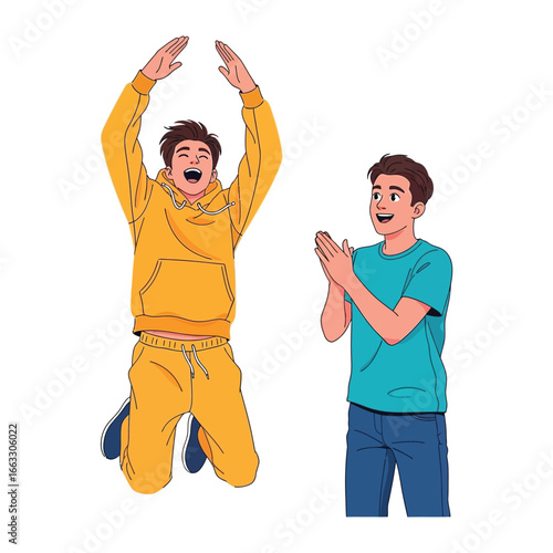 Celebration of Joy and Success: Two joyful figures jubilantly revel in a moment of triumph and happiness, with one person clapping in appreciation and the other leaping high into the air.