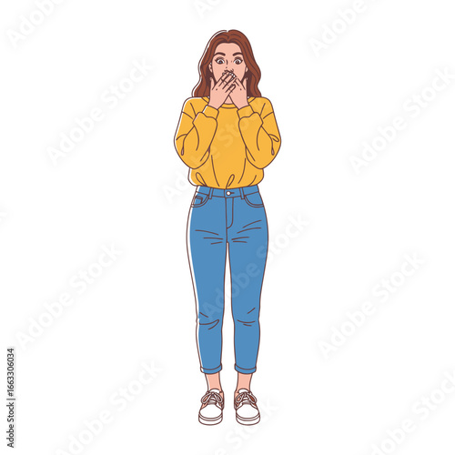 Silent Shock: A young woman's full body in the center, her hands covering her mouth, capturing a moment of shocked disbelief, set against a clean backdrop