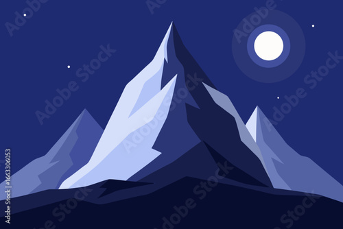 Majestic snowy mountain peaks illuminated by soft moonlight sky with stars