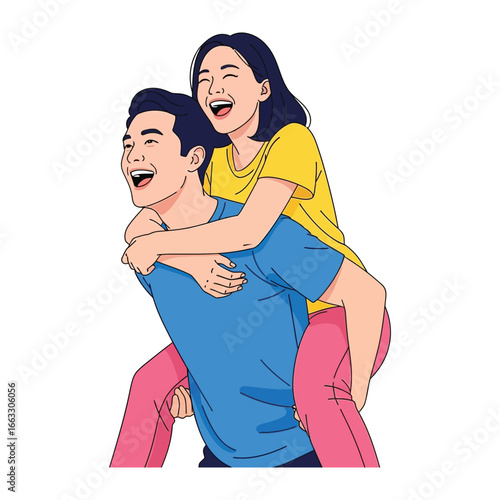 Playful Piggyback Ride: A couple laughing joyfully, the man playfully carrying the woman on his back, a symbol of love, fun, and the easygoing nature of their relationship.