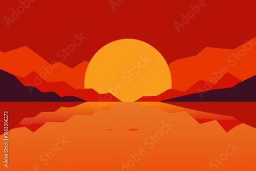 Vibrant fiery sunset mirrored in serene desert lake vector illustration
