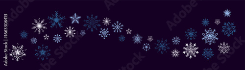 Merry Christmas and Happy New Year festive background win hand drawn crayon blue, shite and silver sow flakes on dark night evening background. Fancy snowflake swirl border. Snowfall whimsical wave