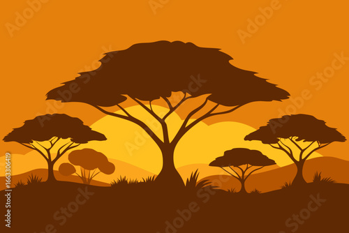 Golden savanna sunset vector illustration with silhouette acacia trees and wildlife