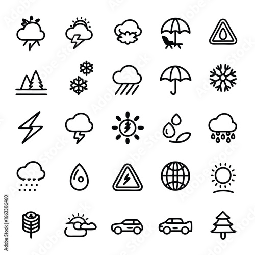 Collection of simple weather icons representing diverse atmospheric conditions and elements