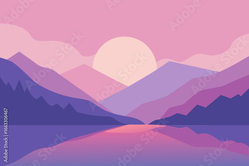 Pastel dawn sky over serene mountain lake peaceful sunrise landscape vector illustration