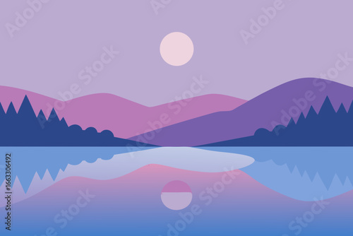 Pastel twilight reflection serene lake mountain landscape vector illustration