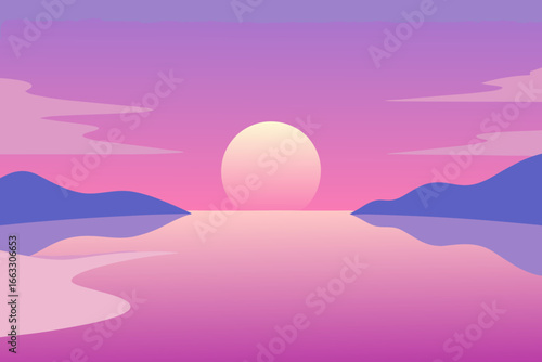 Serene lagoon glowing under pastel dawn light vector illustration