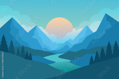 Serene alpine valley glowing with morning mist vector illustration
