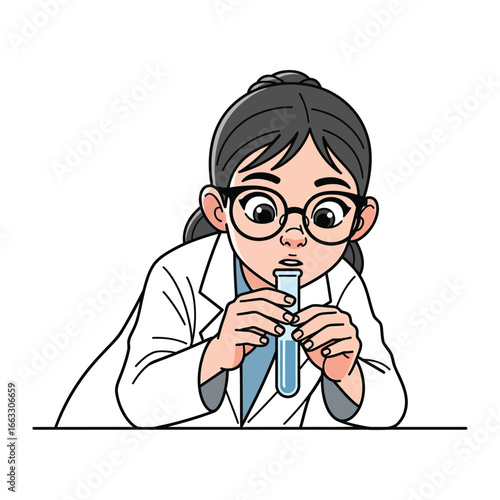 Young Scientist Experiment: A youthful scientist, focused and inquisitive, examines a test tube filled with a vibrant solution, embodying scientific curiosity and the spirit of discovery.