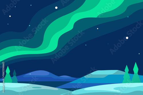 Vibrant aurora borealis illuminating snowy tundra plains vector illustration
