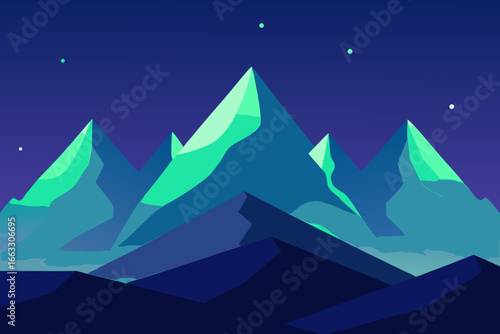 Vector illustration of majestic snowy mountains bathed in ethereal aurora borealis shimmer