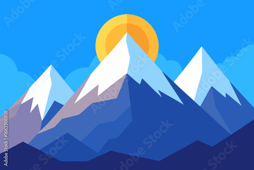 Vibrant sunlit valley illustration framed by majestic snowy mountain peaks