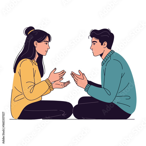 Intimate Conversation: Two figures in a flat style have an eye contact during dialogue, embodying active listening and shared intimacy.