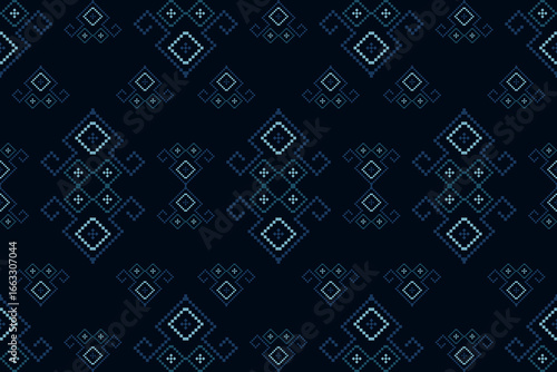 Geometric pattern design in shades of blue, perfect for textile designs, wallpapers, and backgrounds. It features intricate diamond and swirl shapes creating a seamless repeat design 