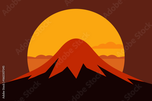 Fiery sun setting behind volcanic island ridge vector art scalable graphic