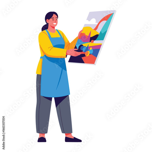Artist with painting: A female artist, smiles as she displays her vibrant artwork, an abstract painting, at her studio, showcasing her passion. 