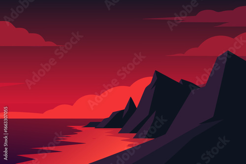Crimson dusk sky over rugged coastline vector illustration