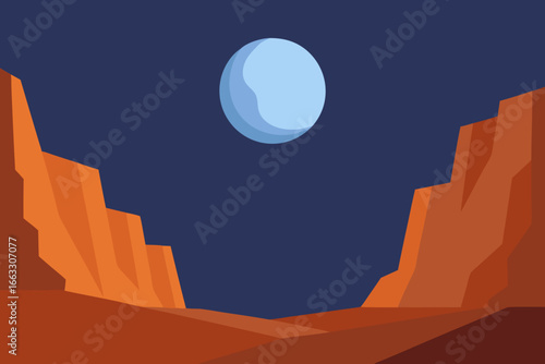 Serene silver moon ascending over glowing desert canyon landscape illustration