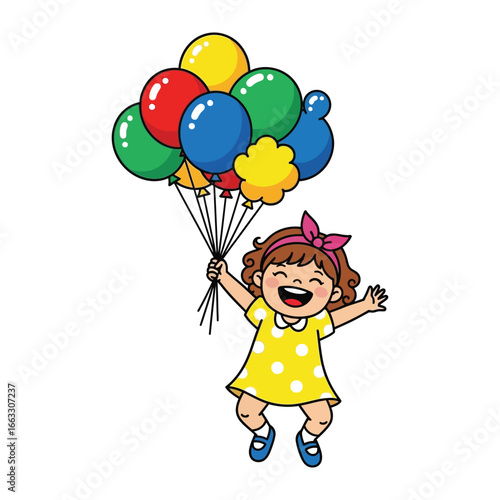 Joyful Girl with Balloons: A cheerful little girl, brimming with happiness, gleefully lifts a vibrant array of colorful balloons high above her head, embodying the essence of pure delight.