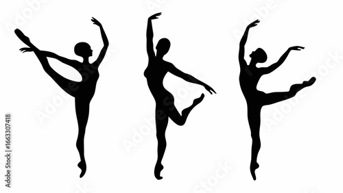 Three silhouette ballerinas in various poses showcasing elegance and flexibility on a white background