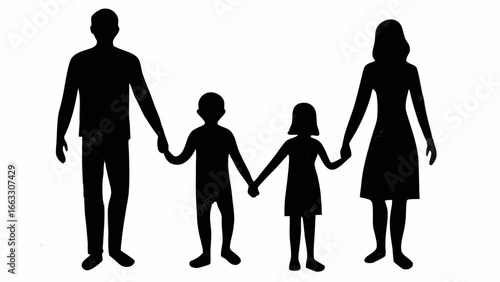 Silhouette illustration of a family holding hands father mother son and daughter standing together happily united