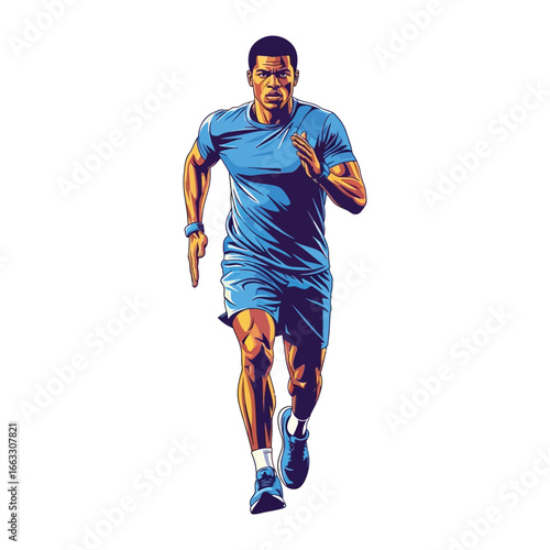Energetic Runner: A dynamic portrayal of a runner in mid-stride, epitomizing the spirit of sports and physical fitness, with a vivid palette and striking vector art style.