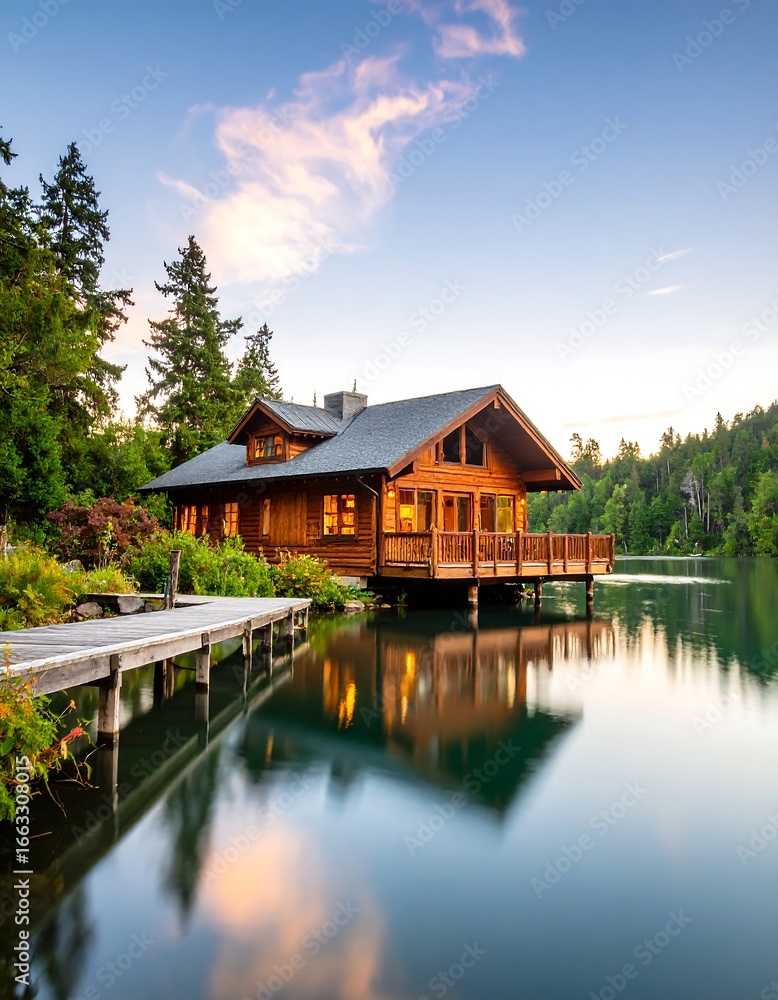 Obraz premium Lakeside Cabin at Dusk
