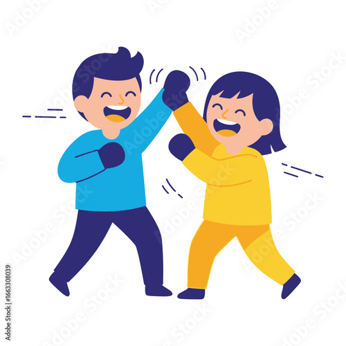 Joyful Spar: In a delightful illustration, two young individuals engage in a playful sparring match, their expressions radiating pure happiness and energy in a vector-style artwork.